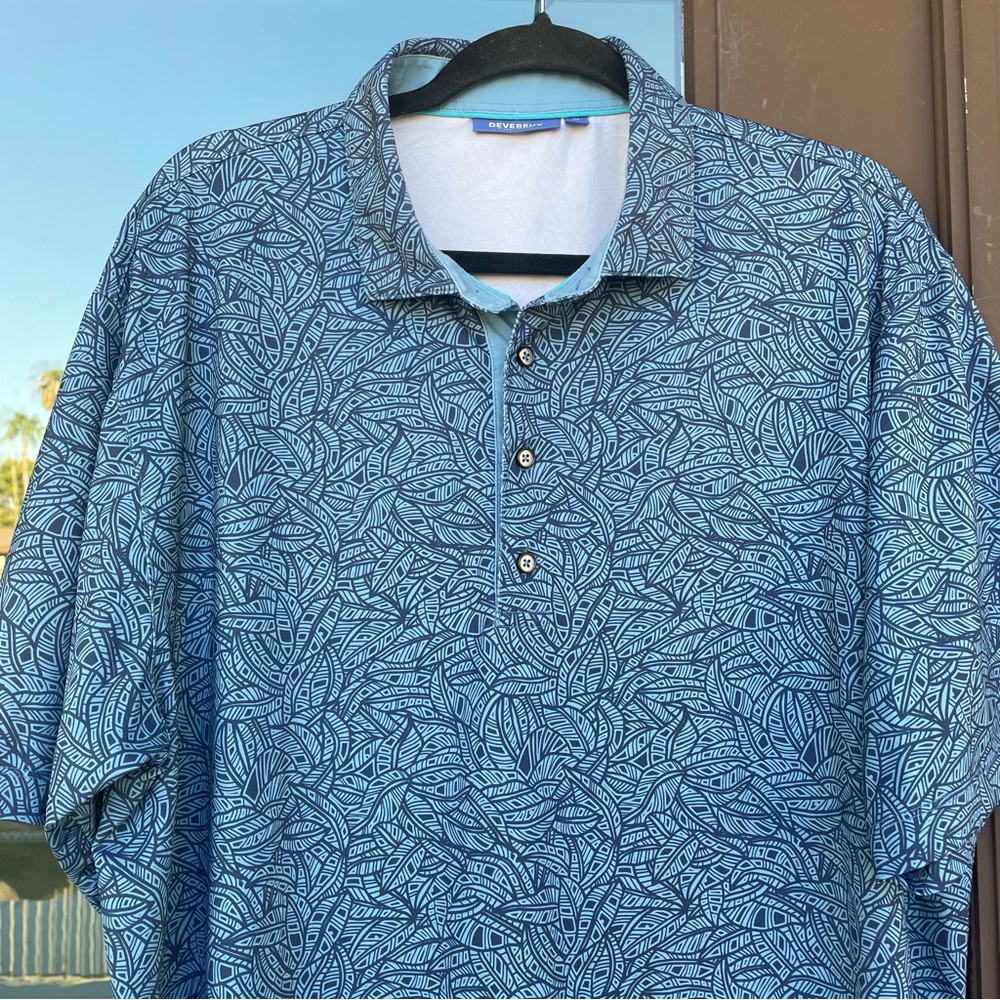 Devereux Navy Blue / Light Blue Geo Leafy Print Golf Polo XL